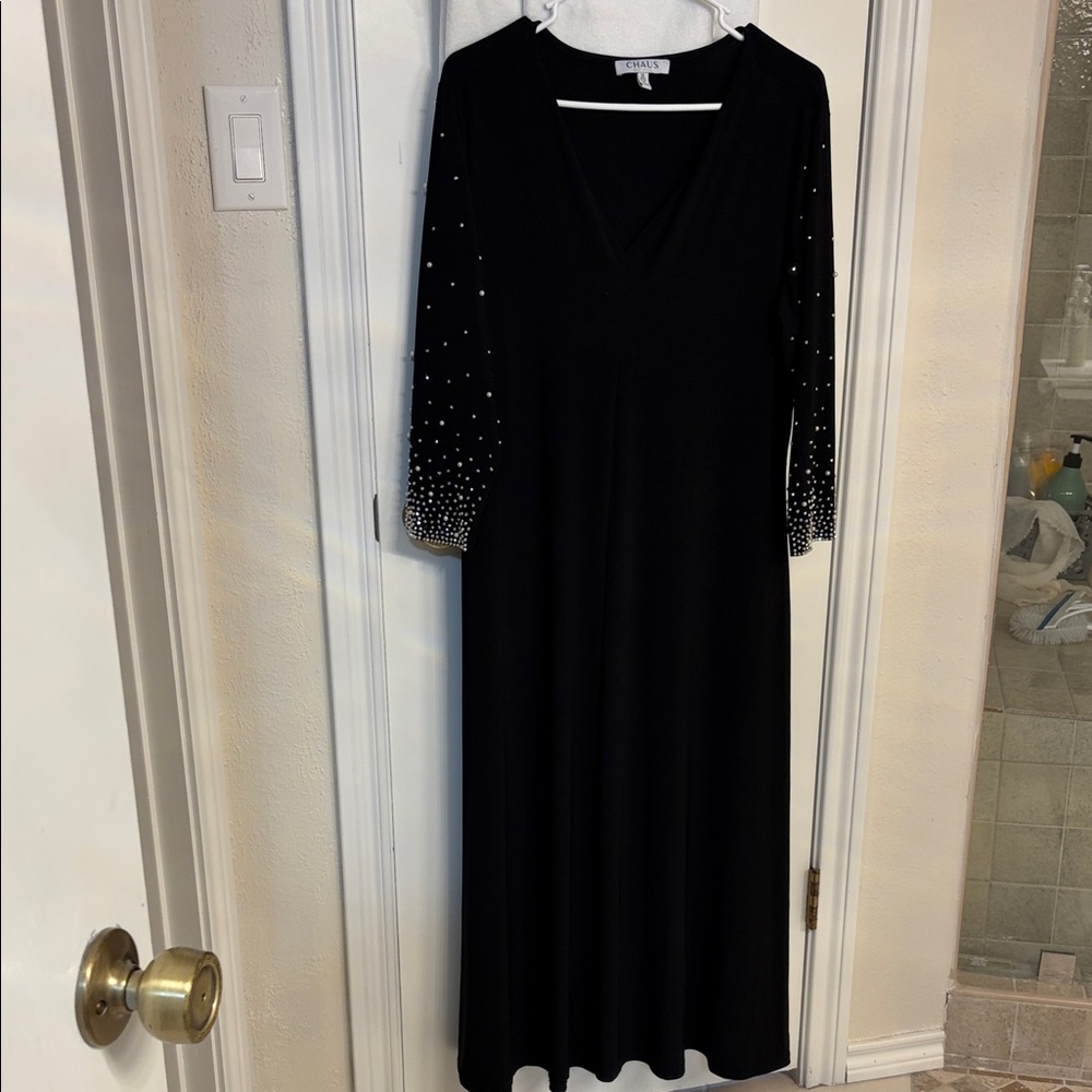 Chaus Black Maxi Dress with Embellished Sleeves